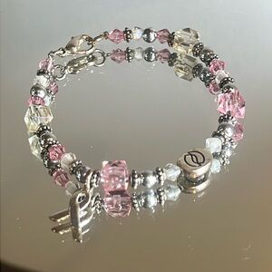 Pink Crystal Beaded Breast Cancer Awareness Support Survivor Silver Bracelet